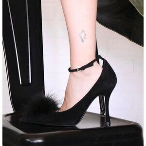 ZARA Black Suede Ankle Strap Stiletto Faux Fur Poof Heels Size 10